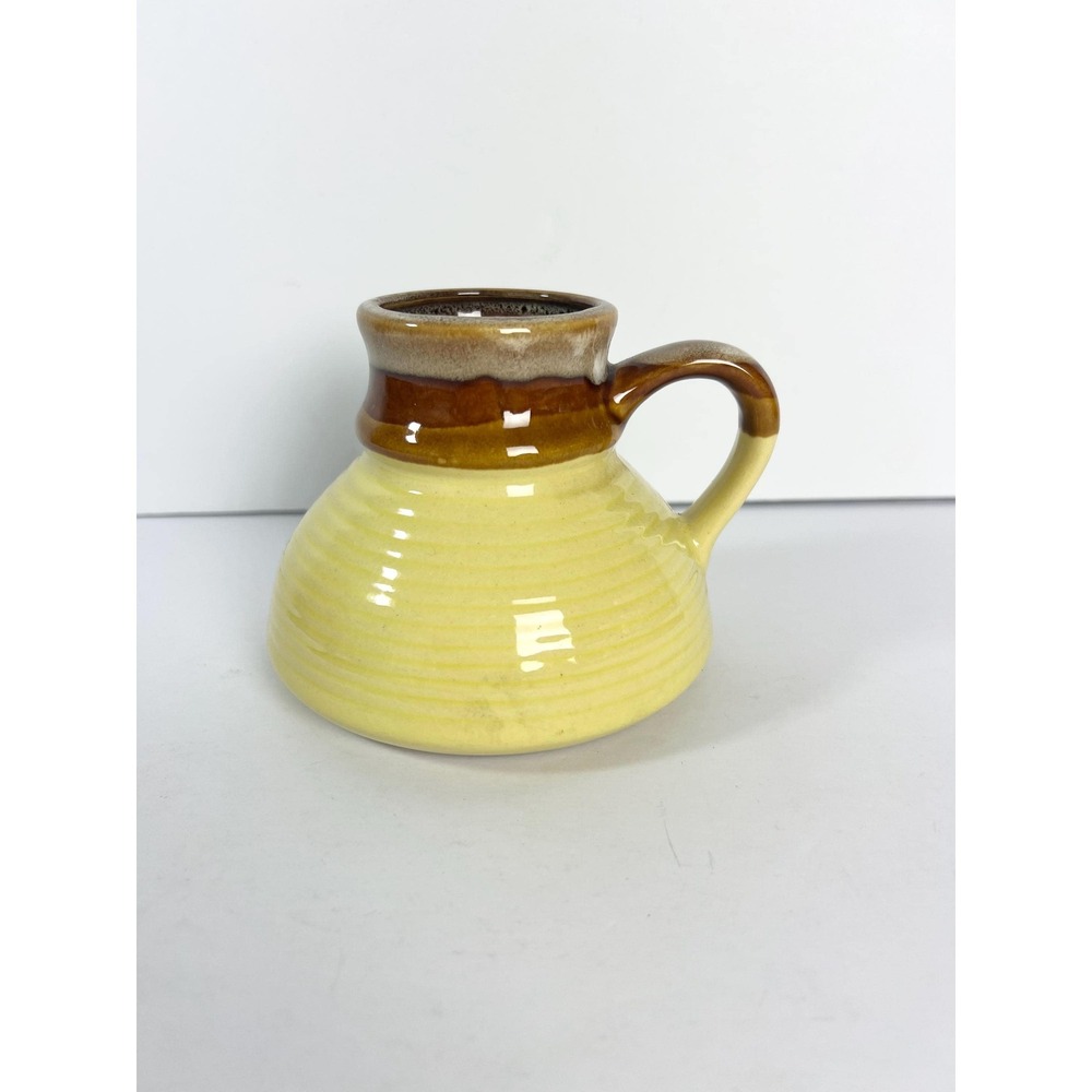 Vintage No Spill mug stoneware Yellow brown drip glaze Captains Cup wide bottom